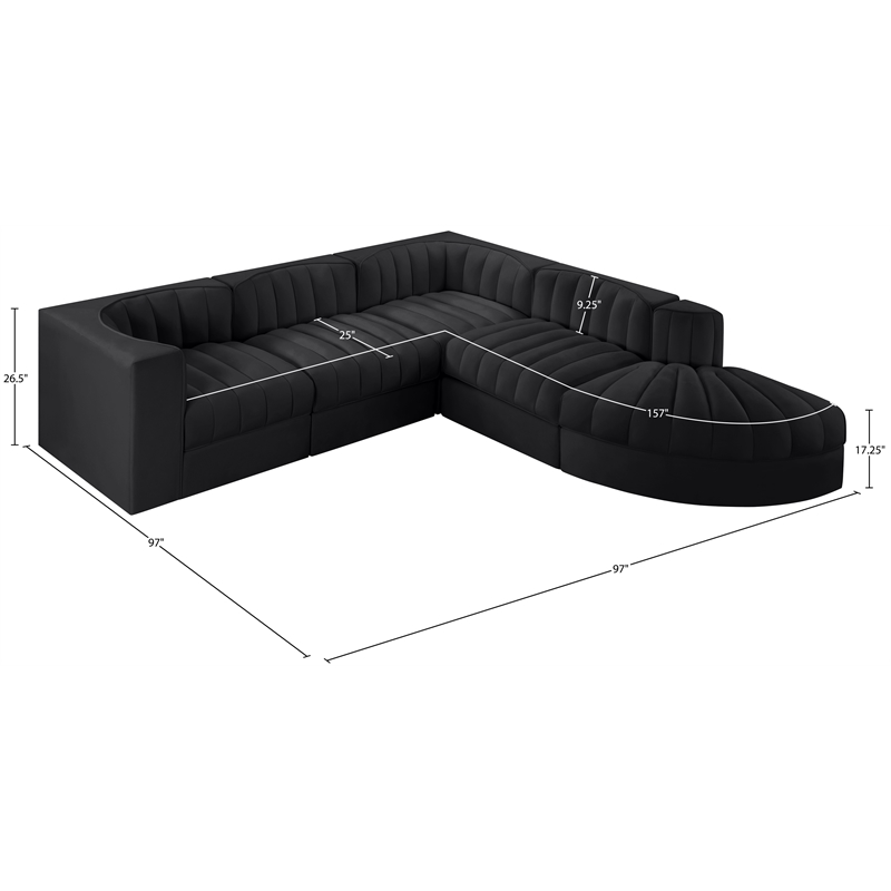 Meridian Furniture Rummi Black Velvet Performance Fabric 5pc. Modular Sectional