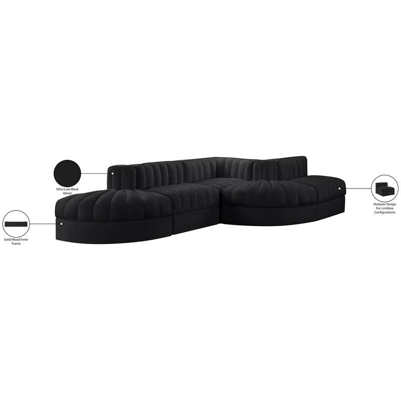 Meridian Furniture Rummi Black Velvet Performance Fabric 5pc. Modular Sectional