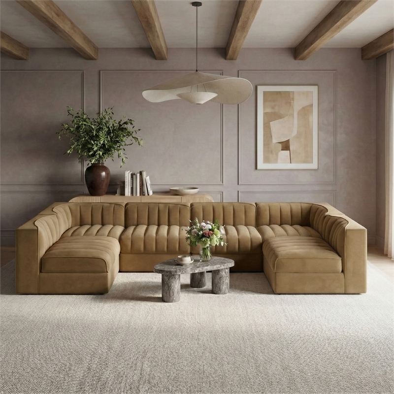 Meridian Furniture Rummi Saddle Velvet Performance Fabric 6pc. Modular Sectional