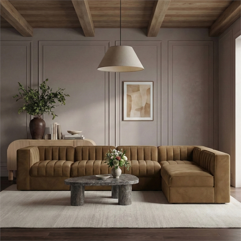 Meridian Furniture Rummi Saddle Velvet Performance Fabric 6pc. Modular Sectional