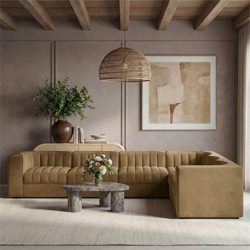 Meridian Furniture Rummi Saddle Velvet Performance Fabric 6pc. Modular Sectional