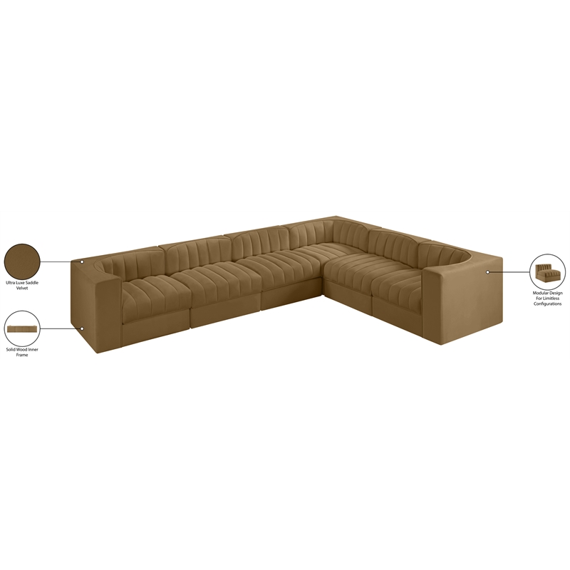 Meridian Furniture Rummi Saddle Velvet Performance Fabric 6pc. Modular Sectional
