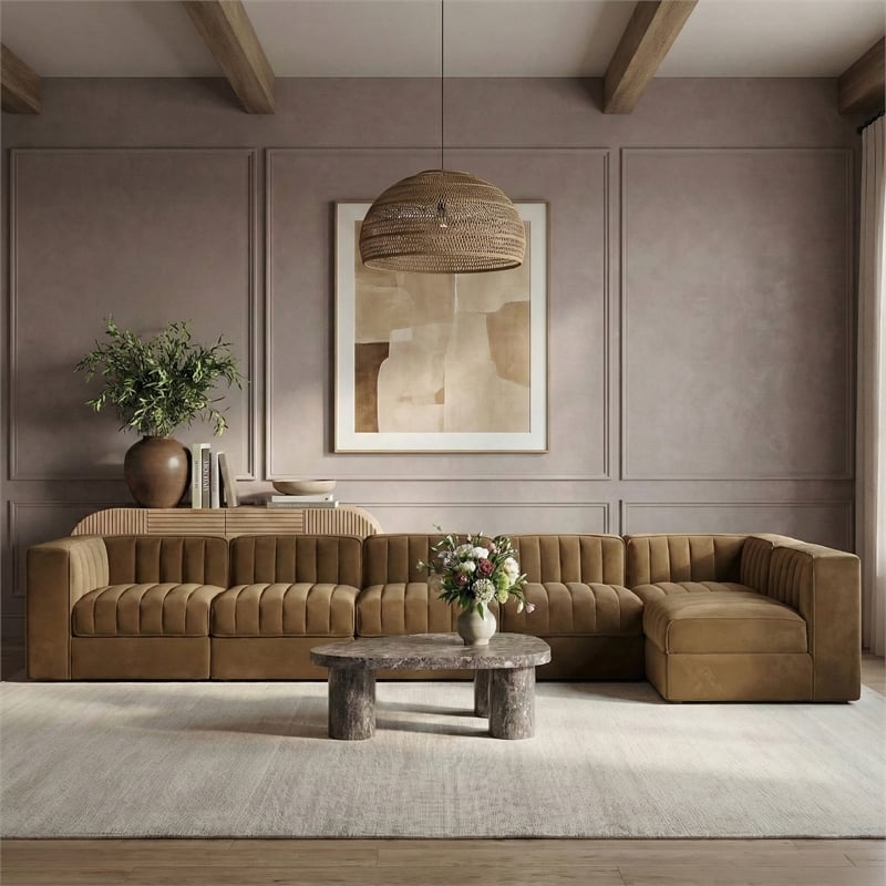 Meridian Furniture Rummi Saddle Velvet Performance Fabric 6pc. Modular Sectional