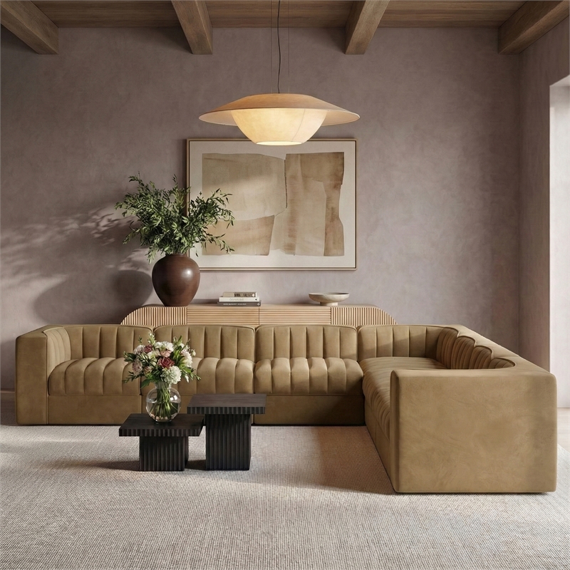 Meridian Furniture Rummi Saddle Velvet Performance Fabric 7pc. Modular Sectional