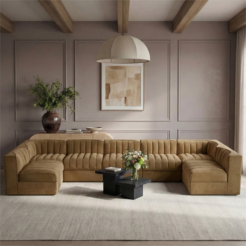 Meridian Furniture Rummi Saddle Velvet Performance Fabric 7pc. Modular Sectional