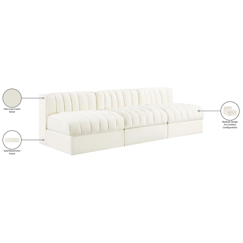 Meridian Furniture Rummi Cream Velvet Performance Fabric 3pc. Modular Sofa