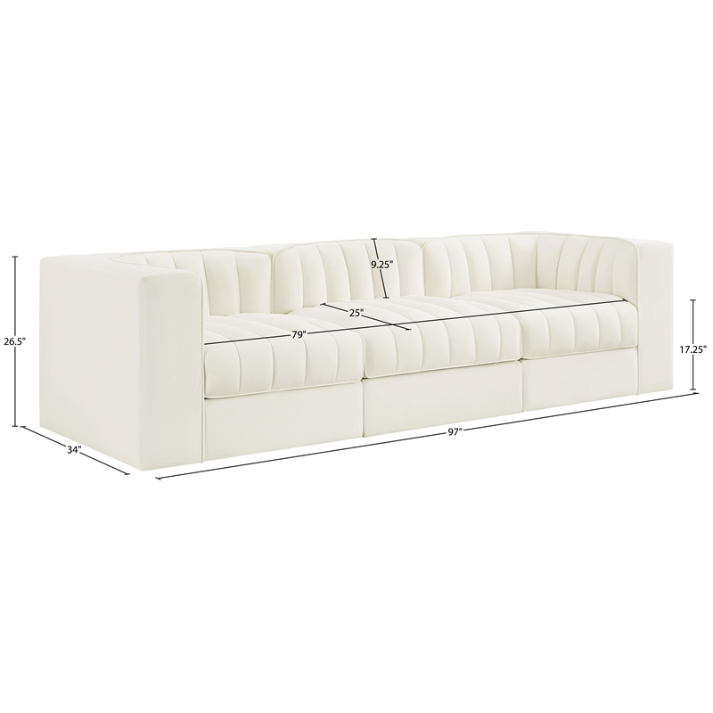 Meridian Furniture Rummi Cream Velvet Performance Fabric 3pc. Modular Sofa