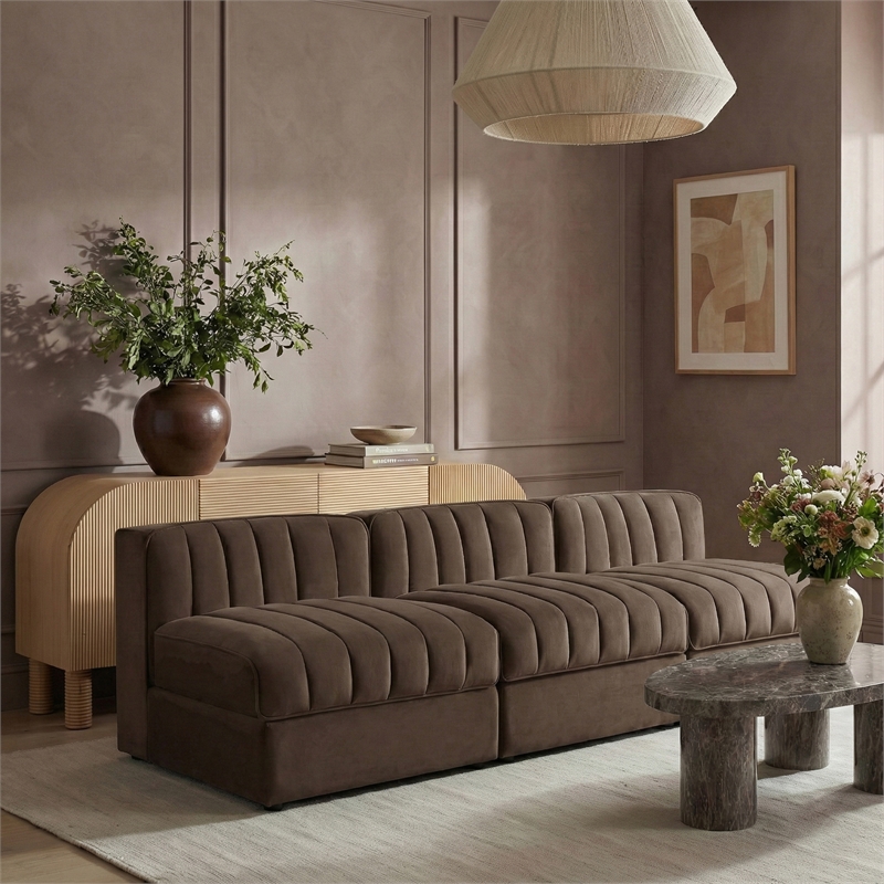 Meridian Furniture Rummi Brown Velvet Performance Fabric 3pc. Modular Sofa