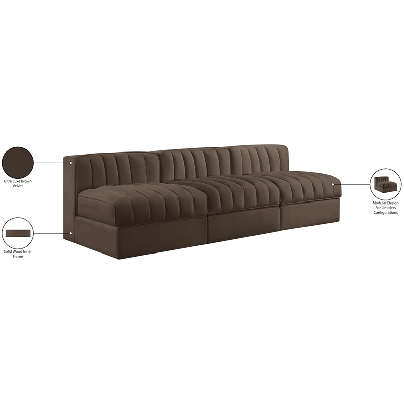 Meridian Furniture Rummi Brown Velvet Performance Fabric 3pc. Modular Sofa