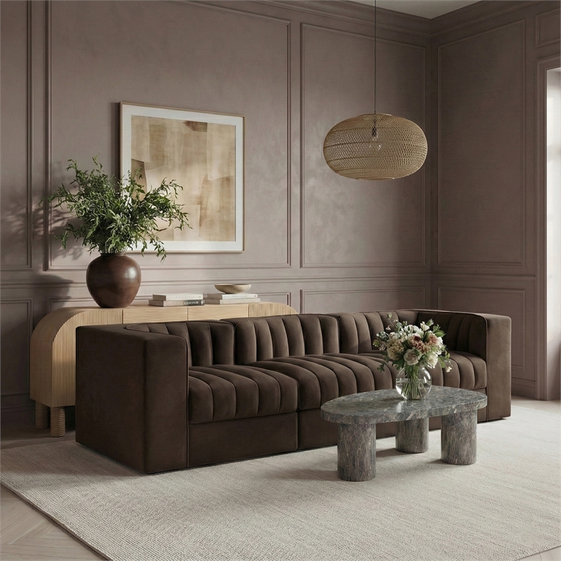 Meridian Furniture Rummi Brown Velvet Performance Fabric 3pc. Modular Sofa