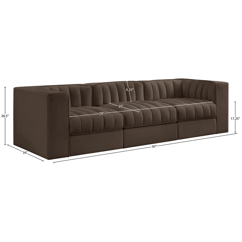 Meridian Furniture Rummi Brown Velvet Performance Fabric 3pc. Modular Sofa