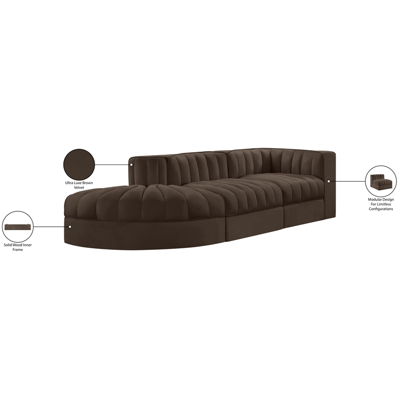 Meridian Furniture Rummi Brown Velvet Performance Fabric 3pc. Modular Sectional