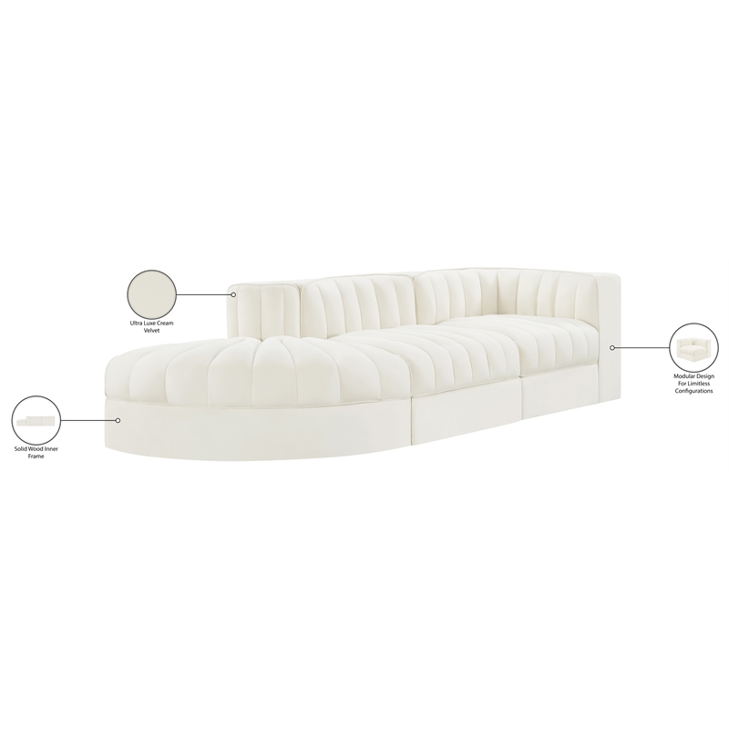 Meridian Furniture Rummi Cream Velvet Performance Fabric 3pc. Modular Sectional