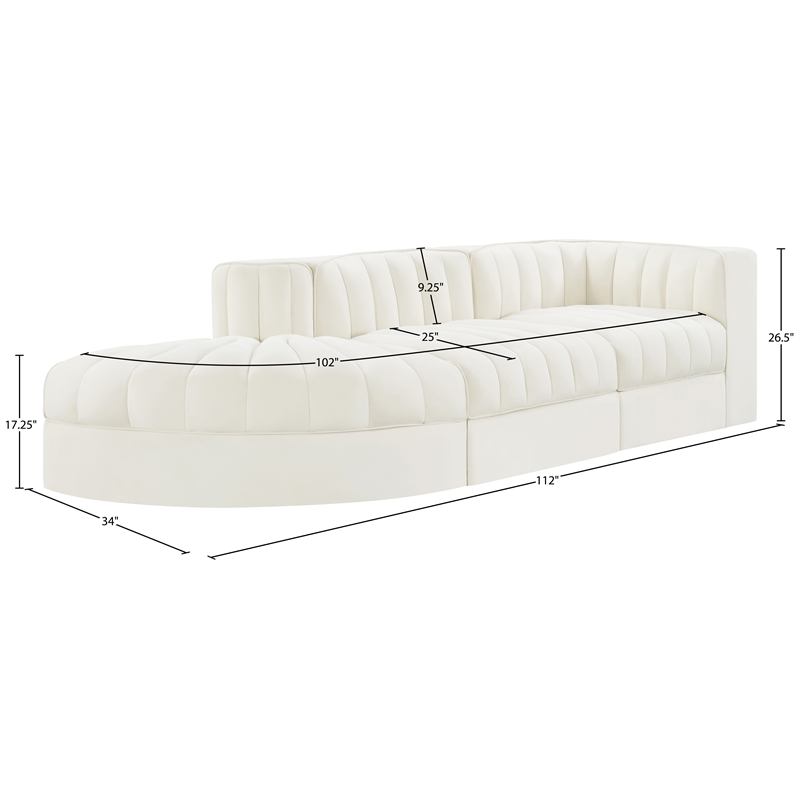 Meridian Furniture Rummi Cream Velvet Performance Fabric 3pc. Modular Sectional