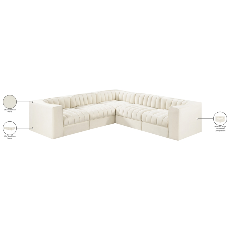 Meridian Furniture Rummi Cream Velvet Performance Fabric 5pc. Modular Sectional
