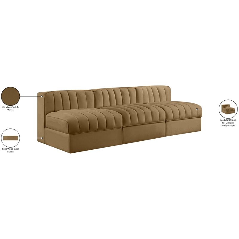 Meridian Furniture Rummi Saddle Velvet Performance Fabric 3pc. Modular Sofa