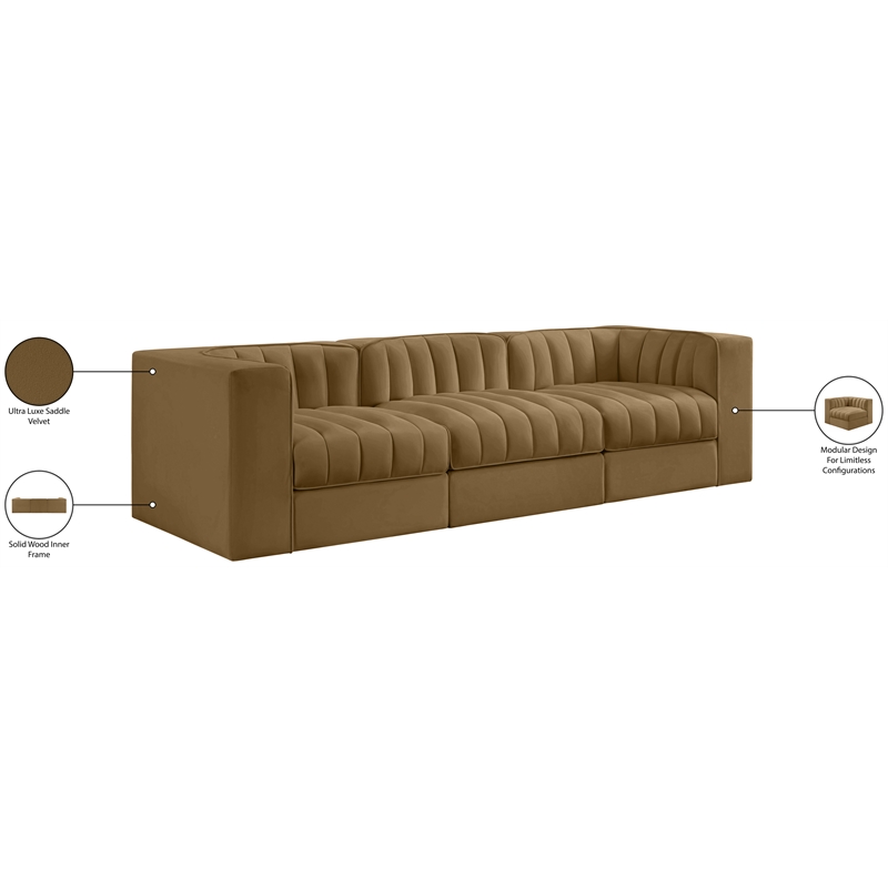 Meridian Furniture Rummi Saddle Velvet Performance Fabric 3pc. Modular Sofa