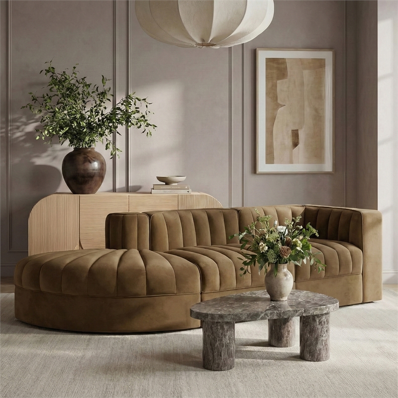 Meridian Furniture Rummi Saddle Velvet Performance Fabric 3pc. Modular Sectional