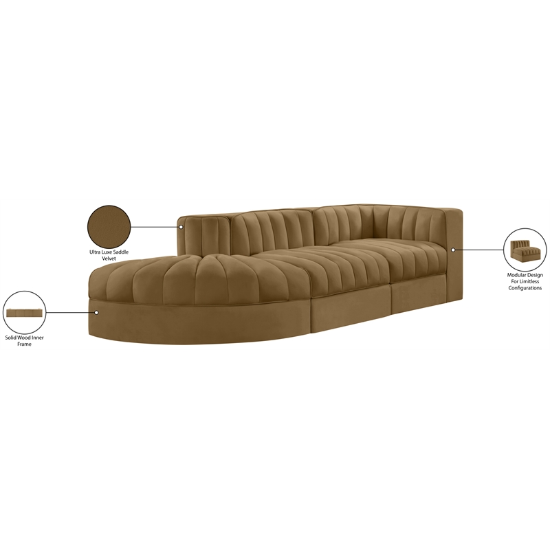 Meridian Furniture Rummi Saddle Velvet Performance Fabric 3pc. Modular Sectional