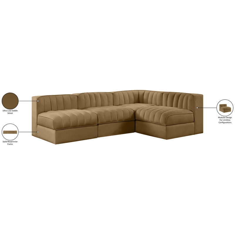 Meridian Furniture Rummi Saddle Velvet Performance Fabric 4pc. Modular Sectional