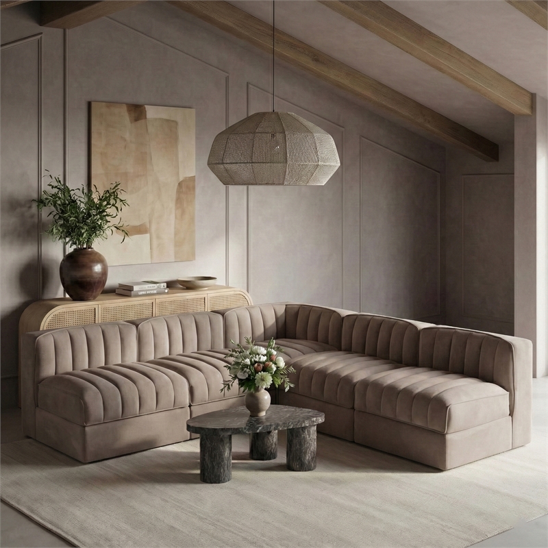 Meridian Furniture Rummi Taupe Velvet Performance Fabric 5pc. Modular Sectional