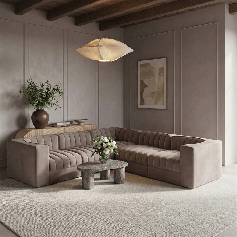 Meridian Furniture Rummi Taupe Velvet Performance Fabric 5pc. Modular Sectional
