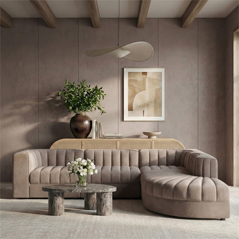 Meridian Furniture Rummi Taupe Velvet Performance Fabric 5pc. Modular Sectional