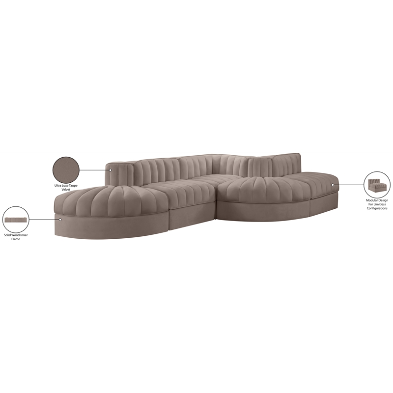 Meridian Furniture Rummi Taupe Velvet Performance Fabric 5pc. Modular Sectional