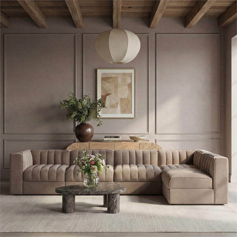 Meridian Furniture Rummi Taupe Velvet Performance Fabric 5pc. Modular Sectional