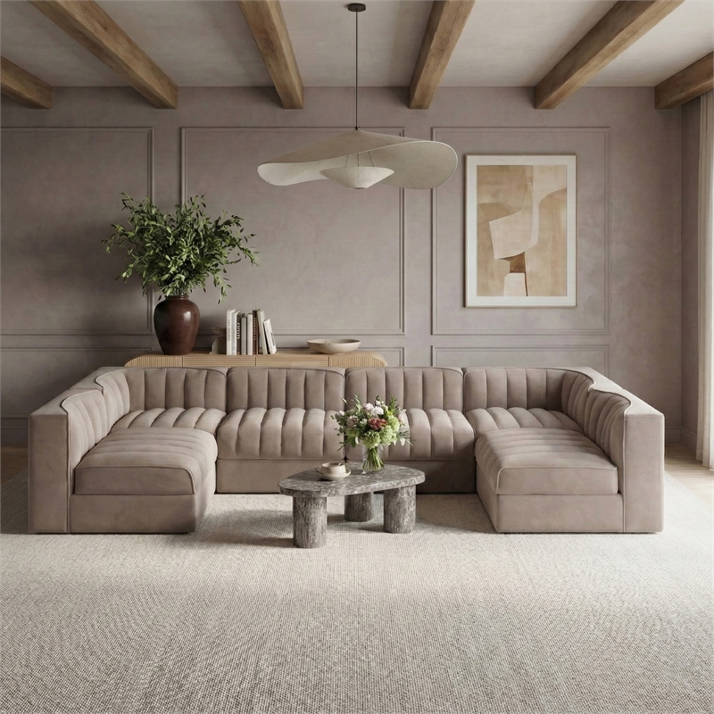 Meridian Furniture Rummi Taupe Velvet Performance Fabric 6pc. Modular Sectional