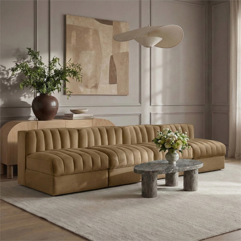 Meridian Furniture Rummi Saddle Velvet Performance Fabric 4pc. Modular Sofa