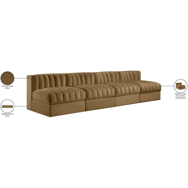 Meridian Furniture Rummi Saddle Velvet Performance Fabric 4pc. Modular Sofa