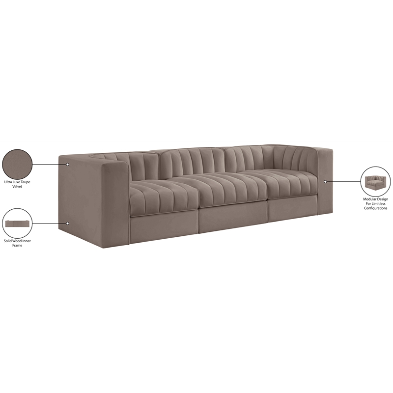 Meridian Furniture Rummi Taupe Velvet Performance Fabric 3pc. Modular Sofa