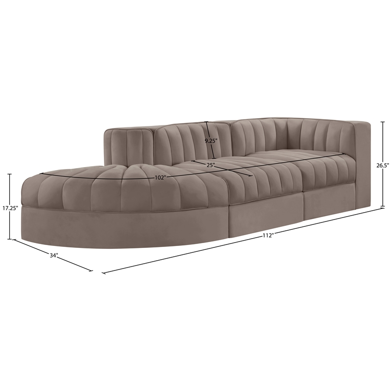 Meridian Furniture Rummi Taupe Velvet Performance Fabric 3pc. Modular Sectional