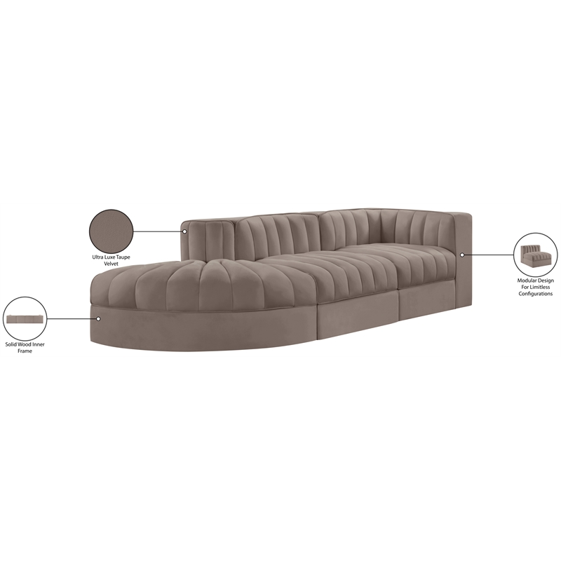 Meridian Furniture Rummi Taupe Velvet Performance Fabric 3pc. Modular Sectional