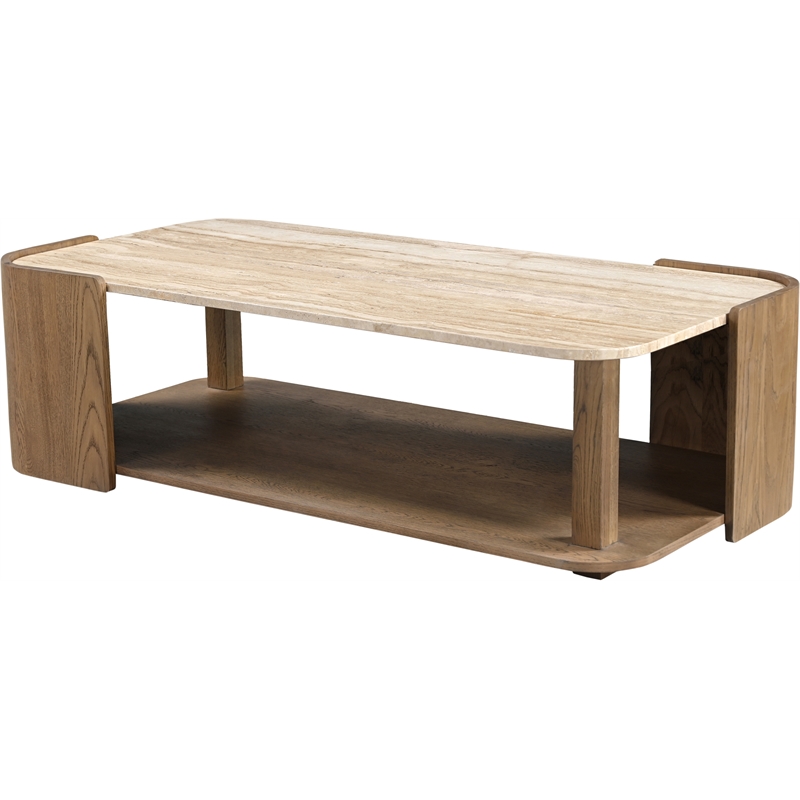 Meridian Furniture Calabria Beige Marble And Brown Oak Wood Coffee Table