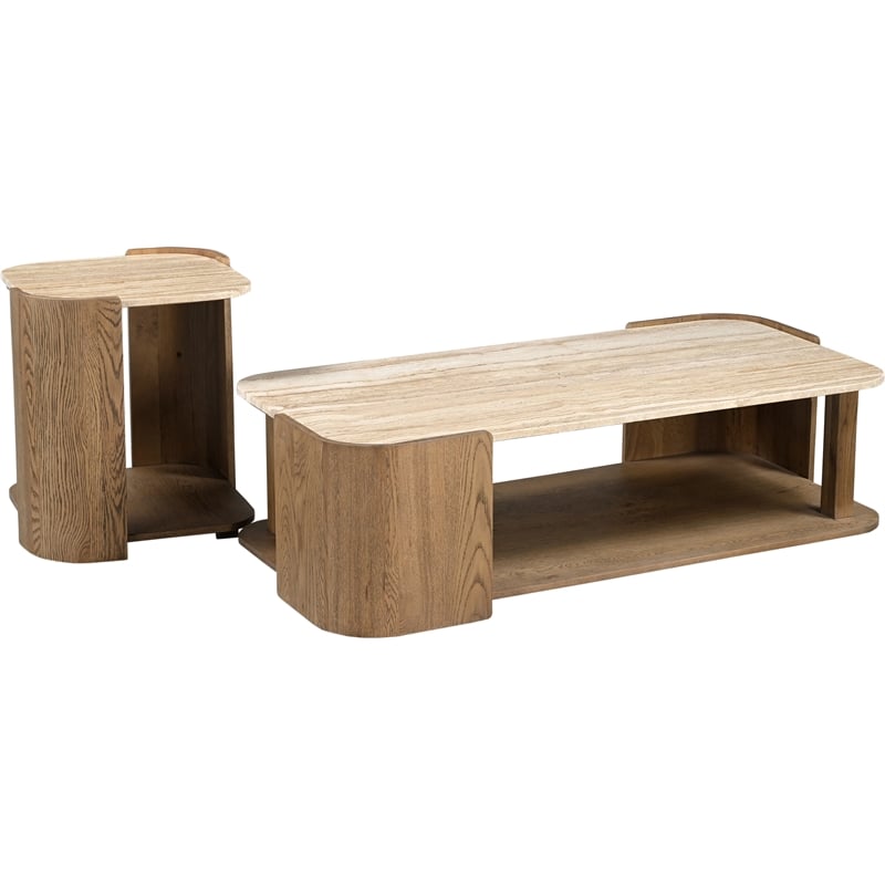 Meridian Furniture Calabria Beige Marble And Brown Oak Wood Coffee Table