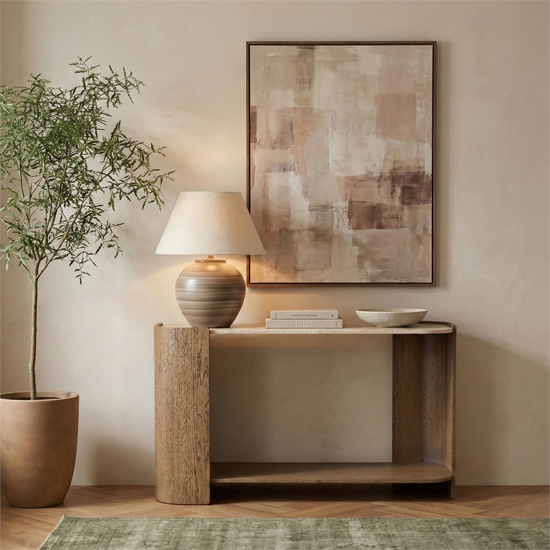 Meridian Furniture Calabria Beige Marble And Brown Oak Wood Console Table