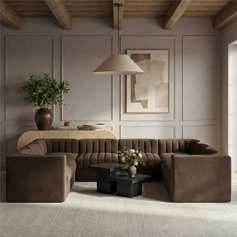 Meridian Furniture Rummi Brown Velvet Performance Fabric Modular Sectional