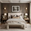 Meridian Furniture Aurin Beige Linen Textured Fabric Upholstered Queen Bed