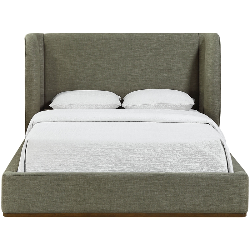 Meridian Furniture Aurin Olive Green Linen Textured Fabric Upholstered Queen Bed