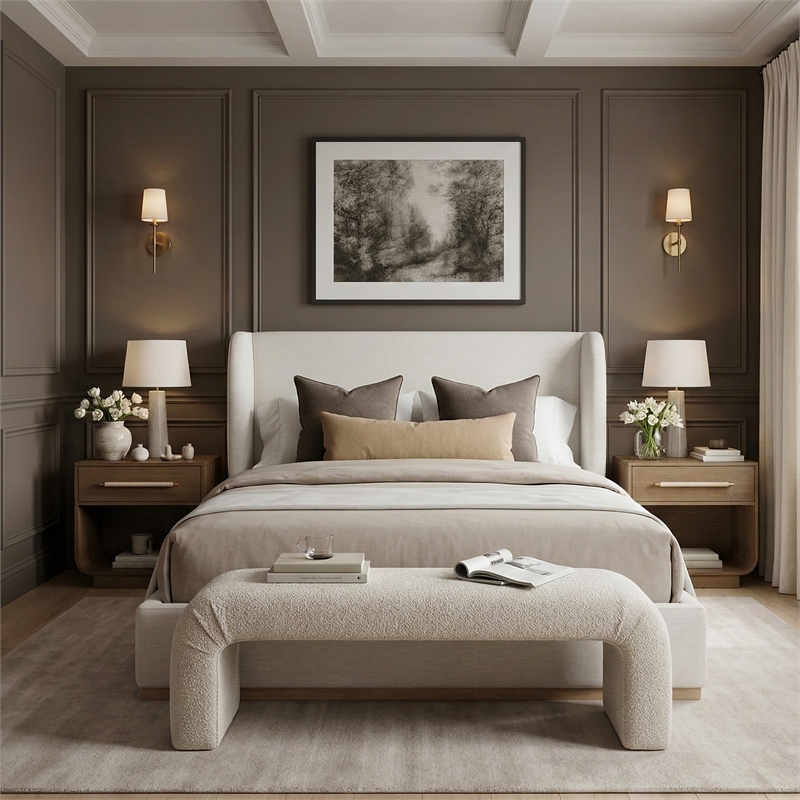 Meridian Furniture Aurin Cream Linen Textured Fabric Upholstered Full Bed