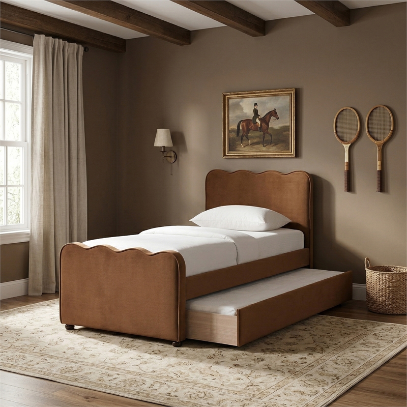 Meridian Furniture Gatsby Saddle Mohair Velvet Upholstered Twin Trundle Bed