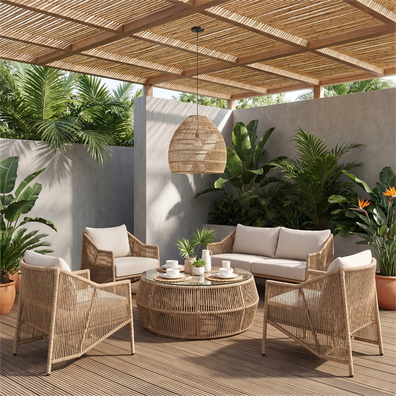 Meridian Furniture Coastline Natural Glass Top And Wicker Patio Coffee Table