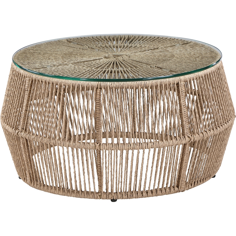 Meridian Furniture Coastline Natural Glass Top And Wicker Patio Coffee Table