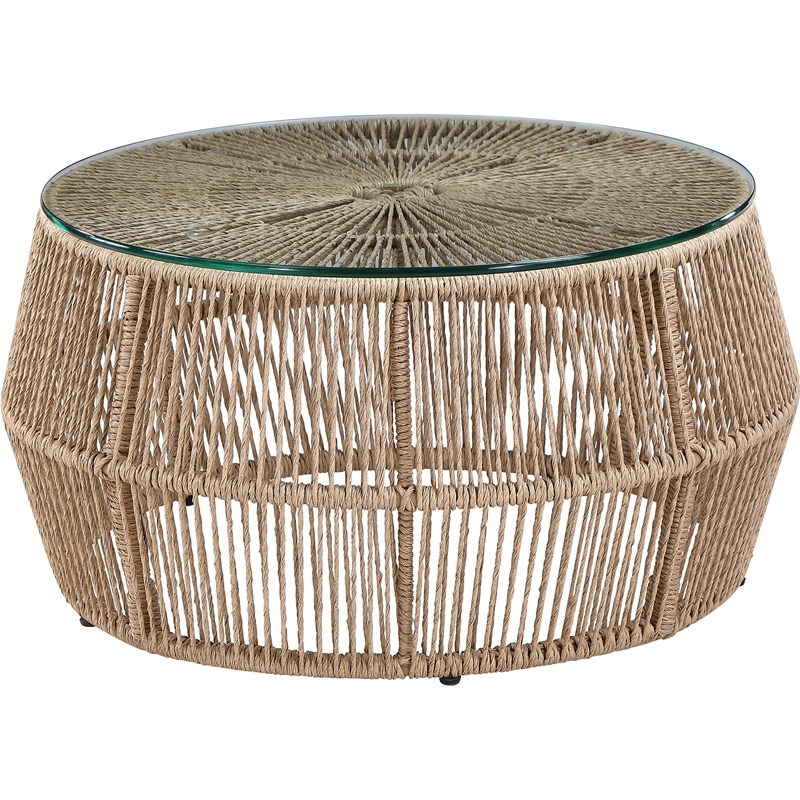 Meridian Furniture Coastline Natural Glass Top And Wicker Patio Coffee Table
