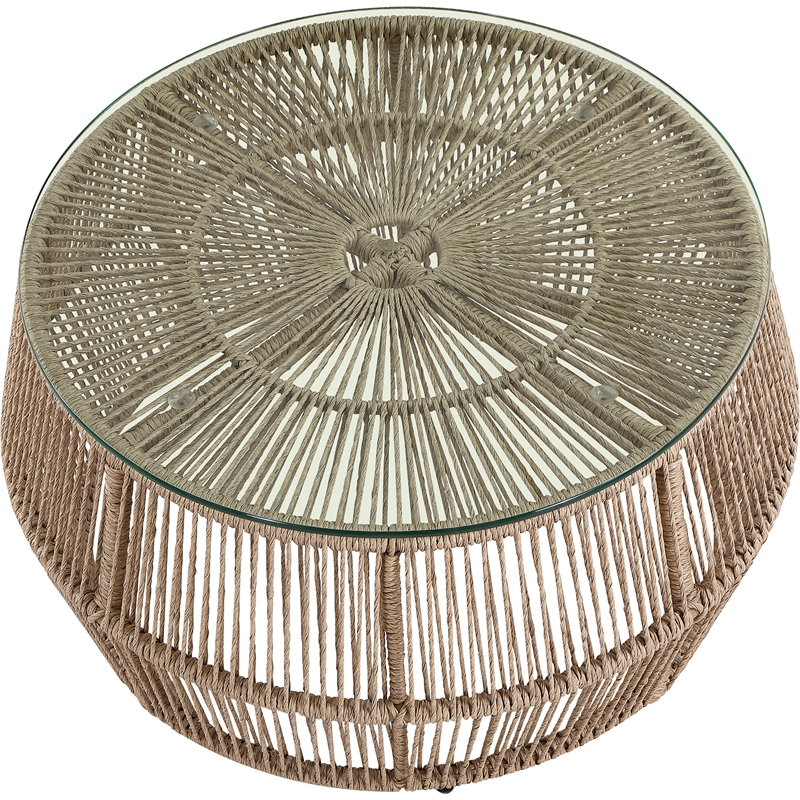 Meridian Furniture Coastline Natural Glass Top And Wicker Patio Coffee Table