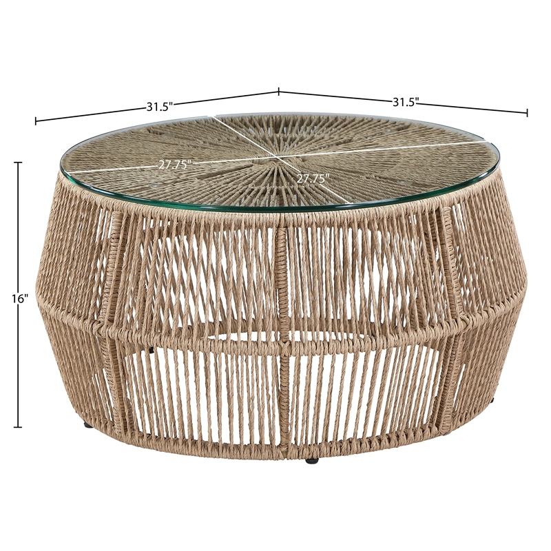 Meridian Furniture Coastline Natural Glass Top And Wicker Patio Coffee Table