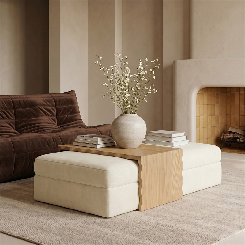 Meridian Furniture Woodra Cream Velvet Upholstered Coffee Table/Ottoman