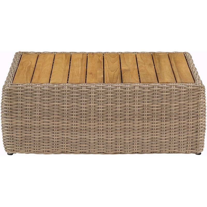 Meridian Furniture Seacrest Natural Teak Wood And Wicker Patio Coffee Table